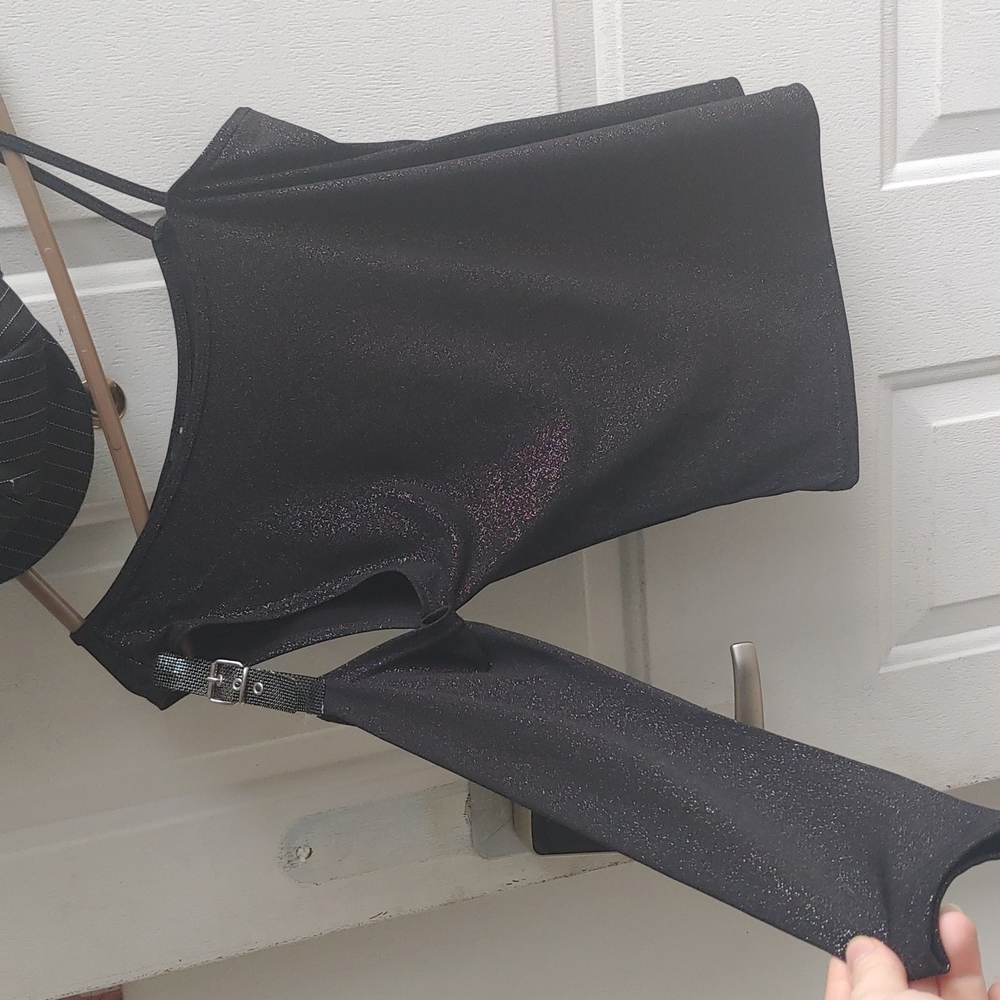 Asymmetrical Glittery Club Top with Pinstripe Hat - Picture 2 of 3